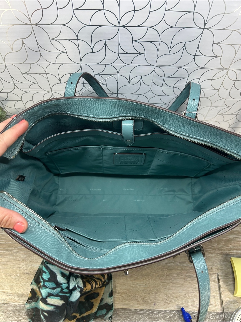 3674 Coach Teal Leather large Tote Bag 267023674 - Picture 4 of 15